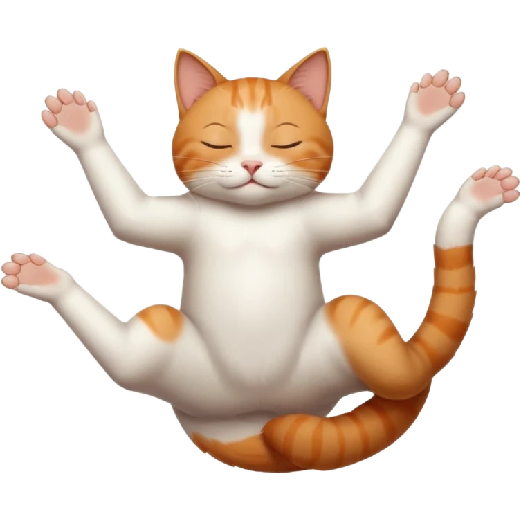 ginger and white small cat eyes closed lying down upside down with paws stretched out straight in different directions emoji