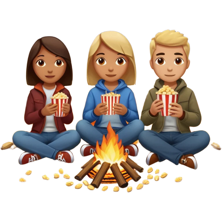 Born fire and people sitting beside born fire on chairs. Born fire is in the centre. People should be eating peanuts and popcorn. emoji