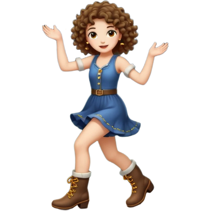 full body woman short curly brown mullet hair brown eyes white skin dancing with fireflies around boots emoji