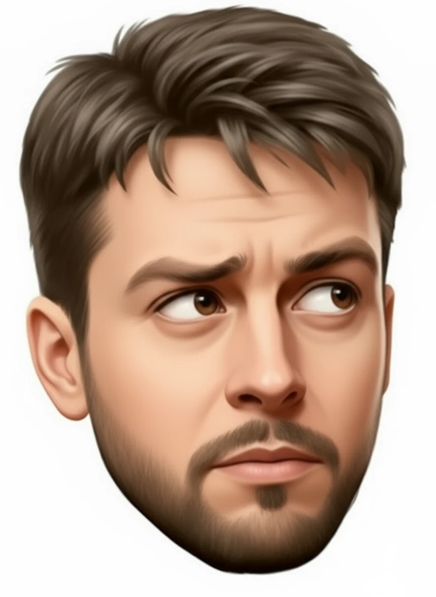 нарисуй точно такого же человека, с такой же эмоцией, но голова повернута в противоположную сторону, на право относительно зрителя,, пробор на голове как в оригинале, без фона emoji