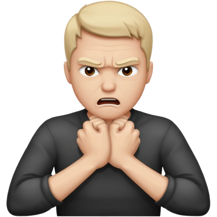 Grabbing throat with hands and looking angry with arms crossed and under chin, grabbing neck emoji