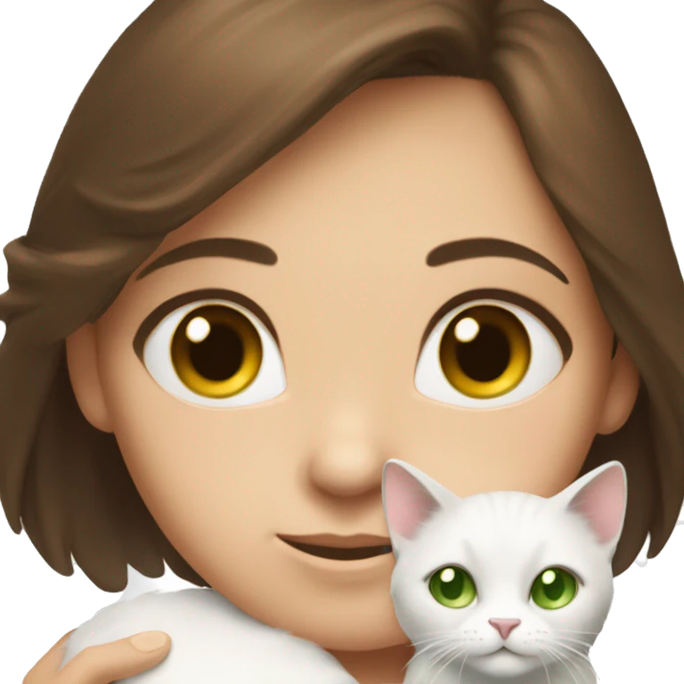Brown-eyed brunette girl holds fluffy, white-spotted cat with green eyes in cuddle emoji