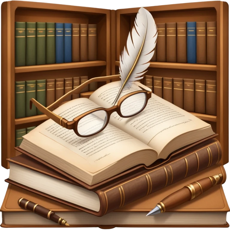 An icon featuring an open book with classic text, a feather quill, and reading glasses, symbolizing literary studies. The design includes old library shelves and vintage manuscripts in the background. Transparent background emphasizes the deep analysis of written works and literary history. emoji