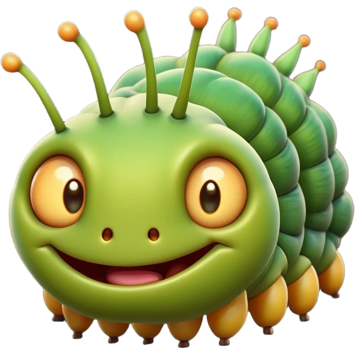 Cinematic Cheeky Caterpillar Portrait Emoji, Head tilted dramatically with an exaggeratedly surprised expression, featuring a tiny, wiggly body with wide, comically expressive eyes full of playful wonder and animated, curving segments, Simplified yet hilariously expressive features, highly detailed, glowing with a slightly sassy natural glow, high shine, dramatic yet playful, stylized with an air of cheeky woodland mischief, soft glowing outline, capturing the essence of a meme-worthy caterpillar that looks ready to wiggle its way into viral fame! emoji