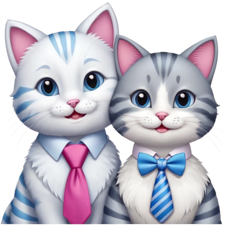 happy girl cat with bow and eyelashes wearing a bright necktie next to happy boy cat wearing a striped necktie, both cats smiling together emoji