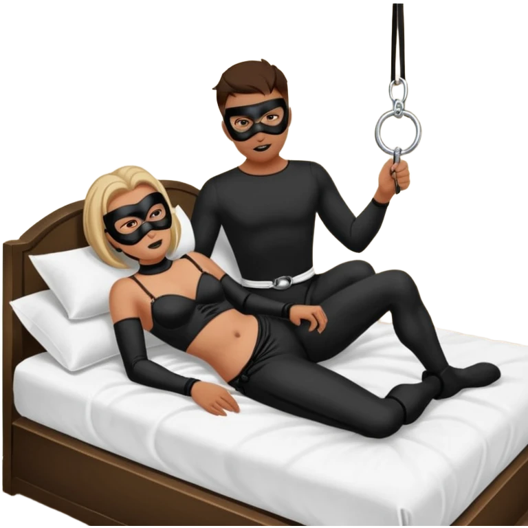 Male submissive in a mask and chastity while tied down to a bed while being pegged by a Hispanic femdom emoji
