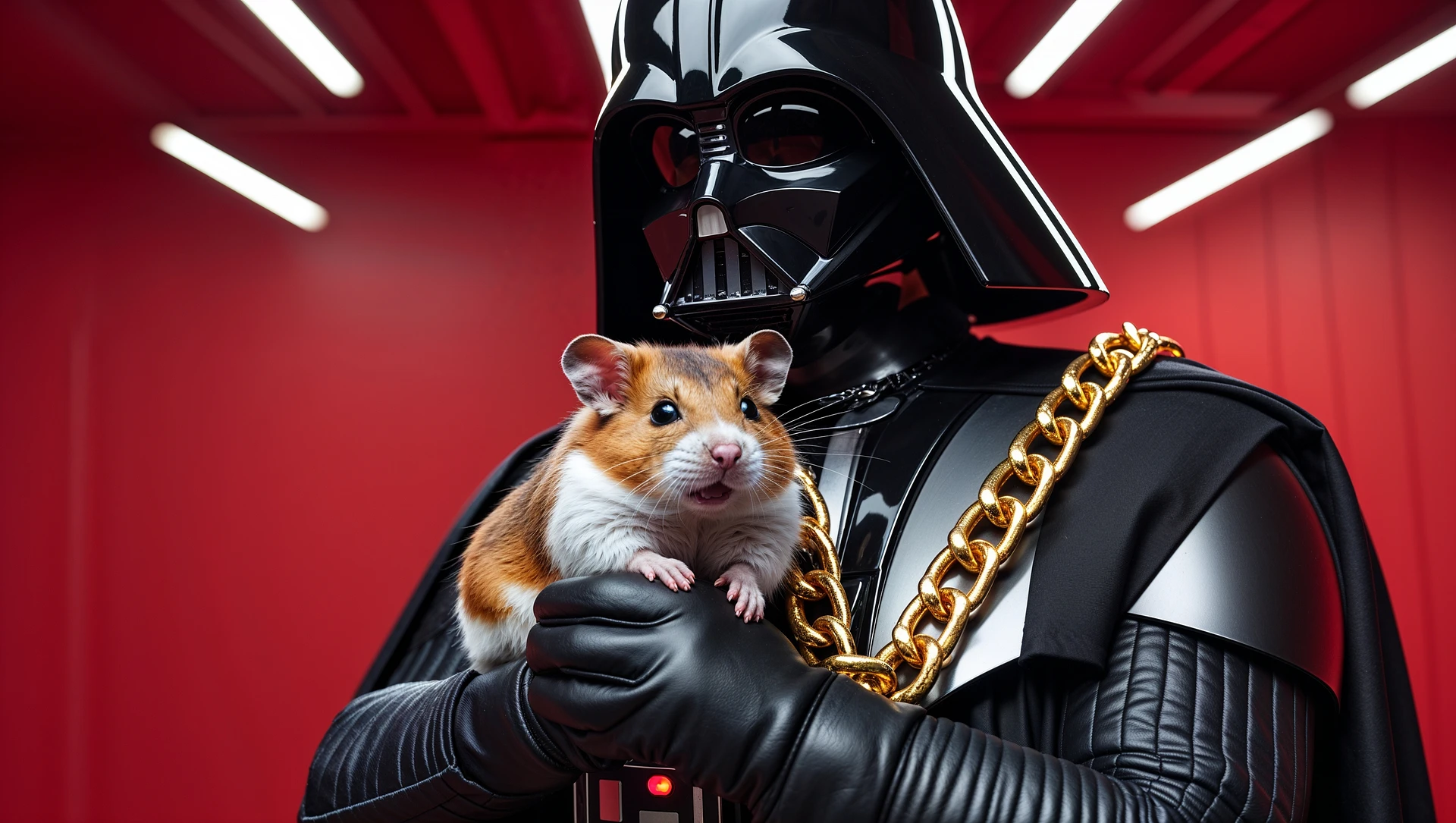 Extreme Closeup Photo of a darth vader holding big hamster with golden chain, low key light, red solid background with leading lines, back light, spot light emoji