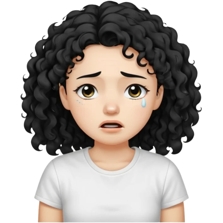 a pretty fair bratz girl with black curly hair, crying, wearing a white tshirt emoji
