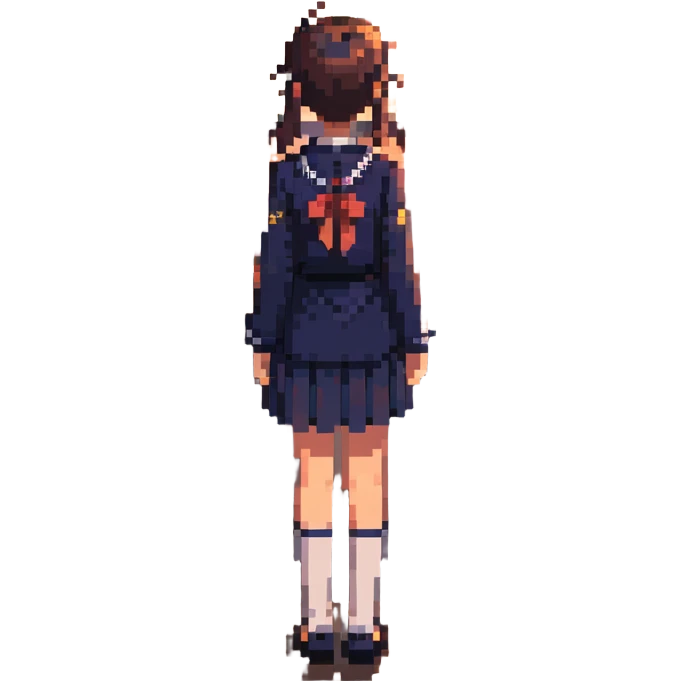 Japanese schoolgirl in uniform standing in a classroom with sunset light, hands at sides, one empty desk, looking out window, emotional atmosphere emoji