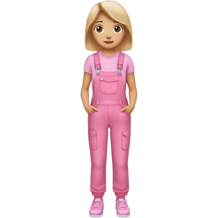 A woman emoji wearing pink overalls, with a neutral or slight smile, simple design, and casual style with white shoes emoji