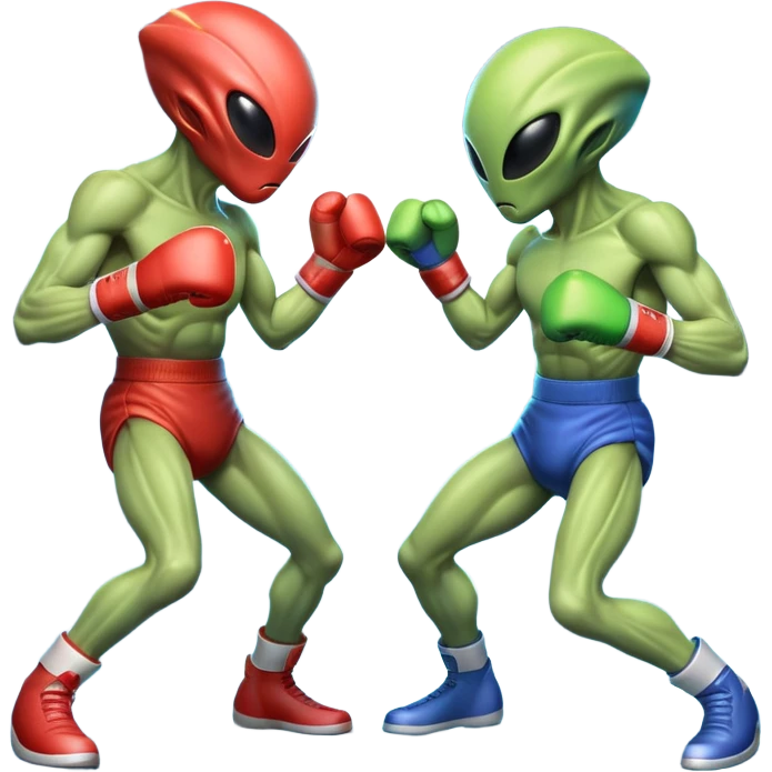 two alien fighters boxing, mid-punch action, motion blur effect, glowing energy impact, dramatic lighting, 3D cartoon, mobile game icon style, clean background, no text, no watermark
 emoji
