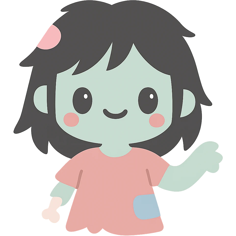cute girl zombie with messy black hair, playful look emoji