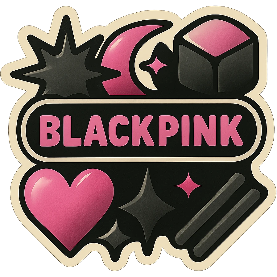 retro sticker style album cover with black and pink geometric shapes, bold outlines, and a fun, energetic K-pop feel, inspired by BLACKPINK emoji