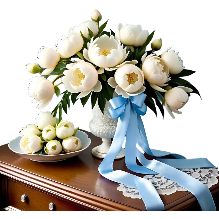 A lush bouquet of full-bloom white peonies, their petals soft as silk, rests on a lace-draped vanity table. A long, powder blue satin ribbon is delicately woven through the stems, its trailing ends cascading onto the wooden surface. The gentle glow of morning light filters through sheer curtains, casting a dreamy ambiance over the scene. Scattered pearl beads catch the light, reflecting a soft iridescence that complements the bouquet’s ethereal beauty. emoji