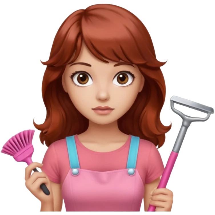 emoji of a beautiful woman with an arrogant expression, light tanned skin, big black eyes, long wavy reddish-brown hair with bangs, wearing a pink top, coral color theme, working as a cleaner holding cleaning tools or supplies emoji