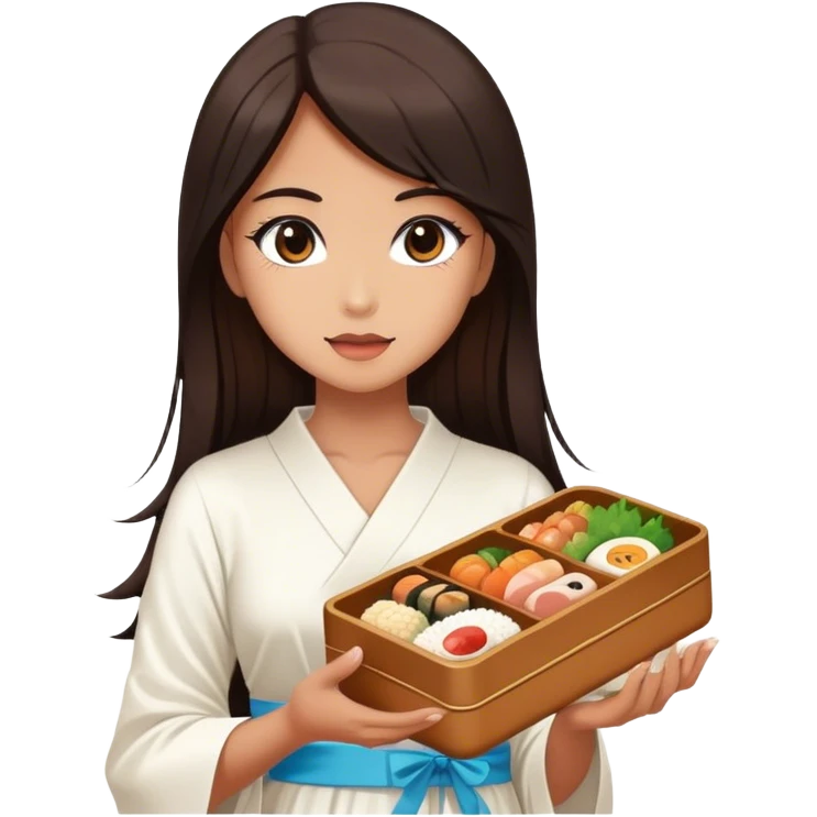 Beautiful woman in 1950’s woman fashion look, white dress, long dark brown hair, Japanese bento emoji