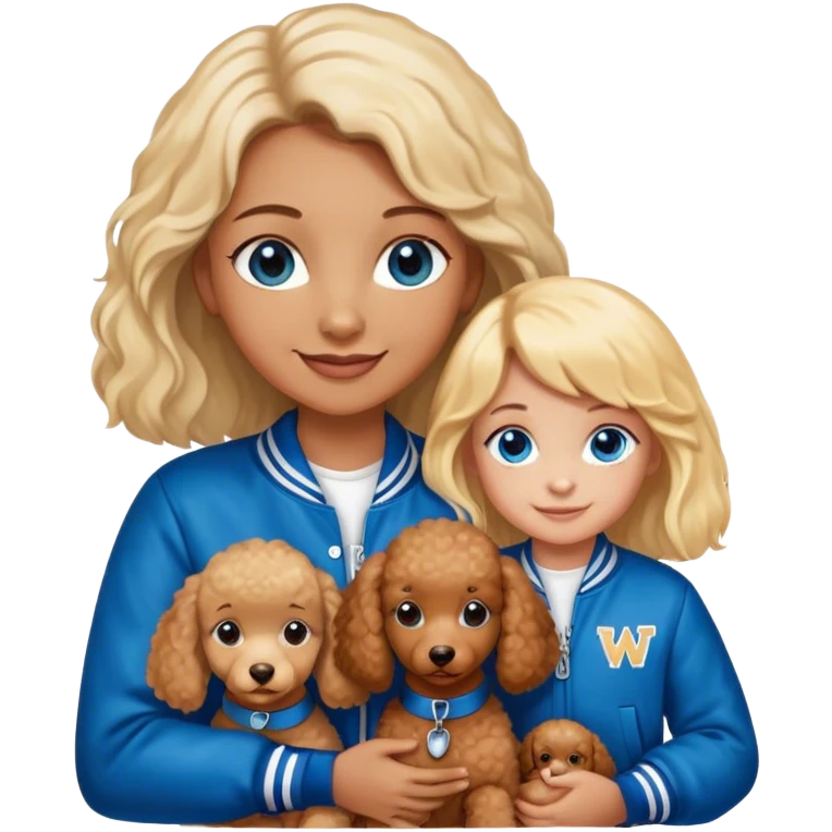smiling mother in letterman jacket with W and Blue eyes, two Little girls Long blond straight hair and Blue eyes, one brown poodle puppie emoji