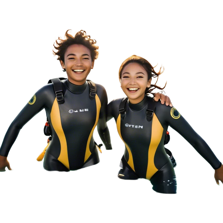 Two friends, as sea explorers, splash each other in the ocean, laughing as their eyes lock in pure joy and appreciation. The sun glistens on the water, highlighting their deep connection and the simple happiness of the moment.  emoji