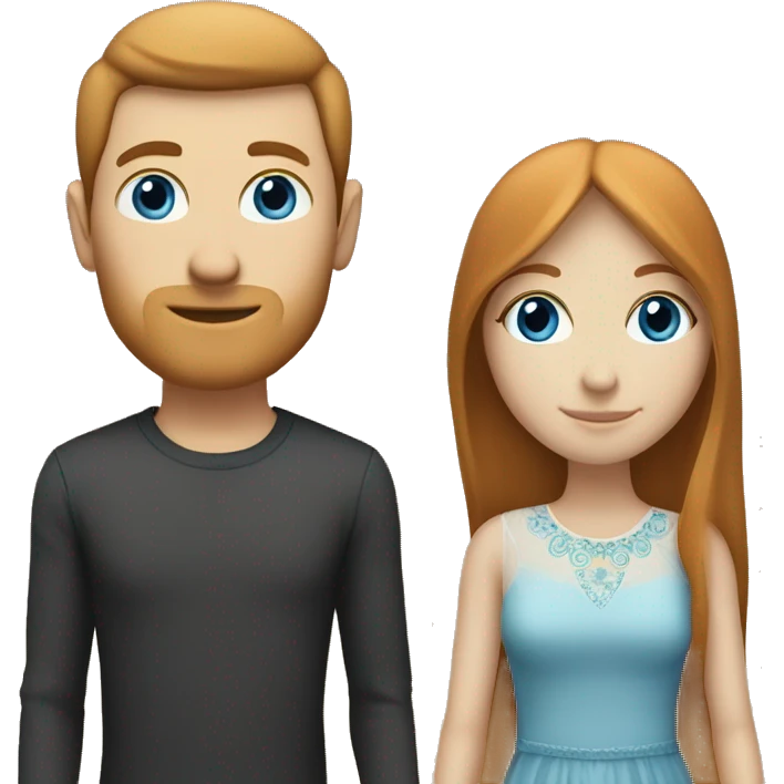 a married couple standing beside eachother, one has pale skin and long straight ginger hair with bangs and blue eyes, the other person is a man that is mexican and has straight chin length black hair with brown eyes emoji