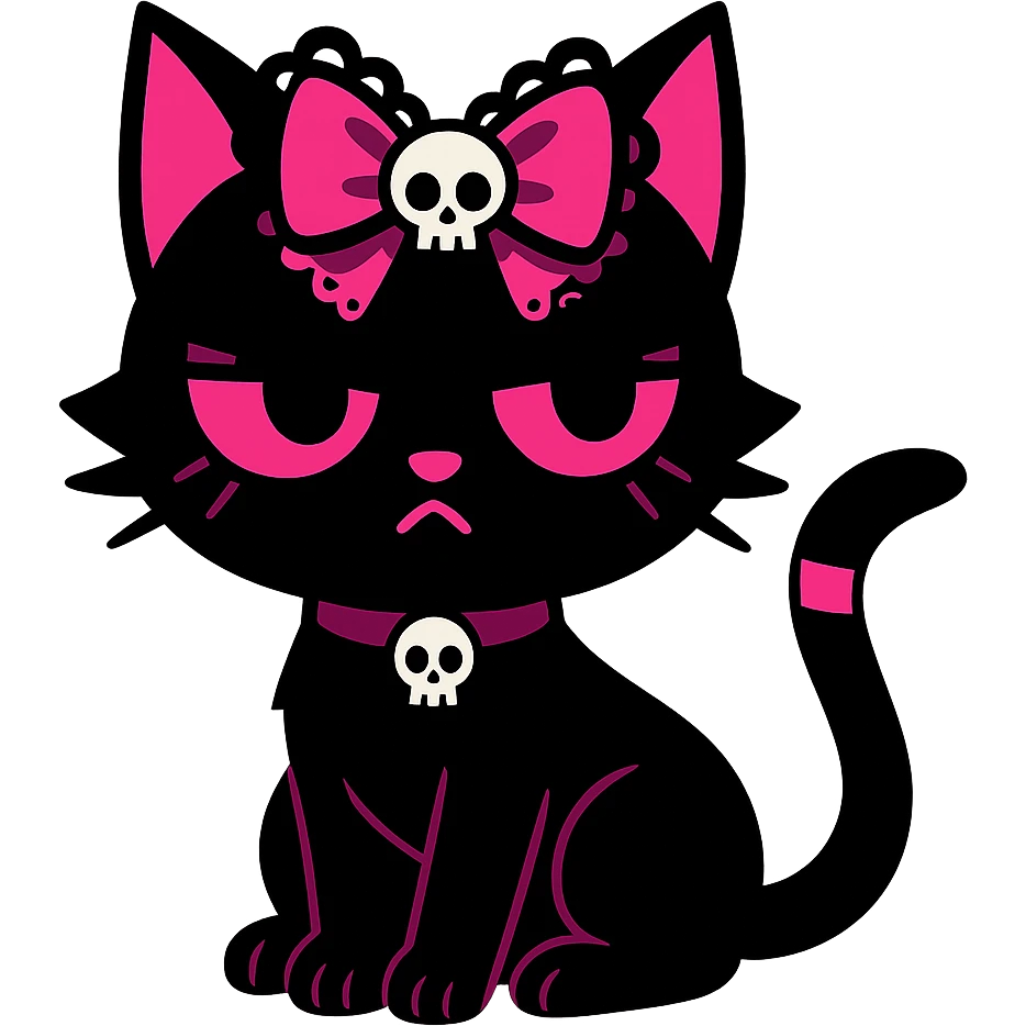 gothic cat with black and pink colors, lace bow, small skull accessory, vibrant toon style emoji