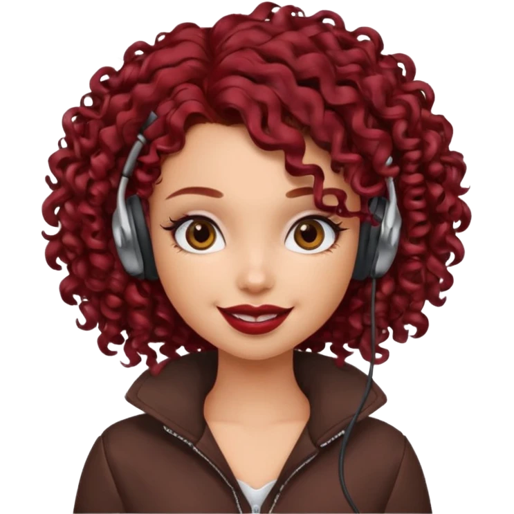 generate a pretty bratz girl curly dark red hair, brown lipstick on, wired earphones on, smiling emoji