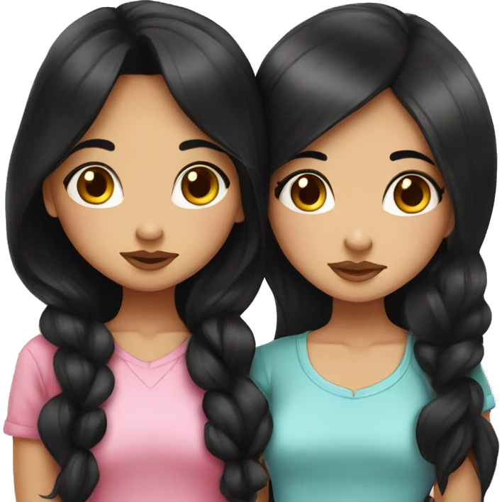 two cute cartoon style brunette girls kissing on the lips. both girls have long black hair, both of their hairstyles are down. One of the girls has freckles. Super cute style. emoji