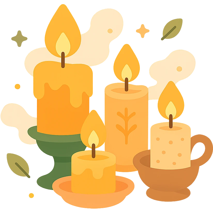 Several cute, glowing candles with flickering flames, set in a cozy and magical atmosphere, designed in a soft color palette: golden orange (FA9B41), deep forest green (4A7C5C), warm taupe brown (96775A), and pastel peach (FFCC9A). The candles are in delicate, slightly vintage holders, with the flames casting a gentle, warm glow. The wax is in shades of golden orange and peach, with subtle gradients, and small decorative patterns or tiny sparkles around them. The soft light from the candles creates a dreamy, enchanting ambiance, surrounded by tiny floating leaves or soft mist. The overall mood is serene, inviting, and magical. emoji