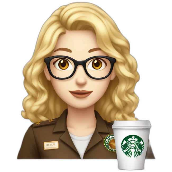chatain hair pale skin women golden rounded glasses with a coffee and starbuck uniform emoji