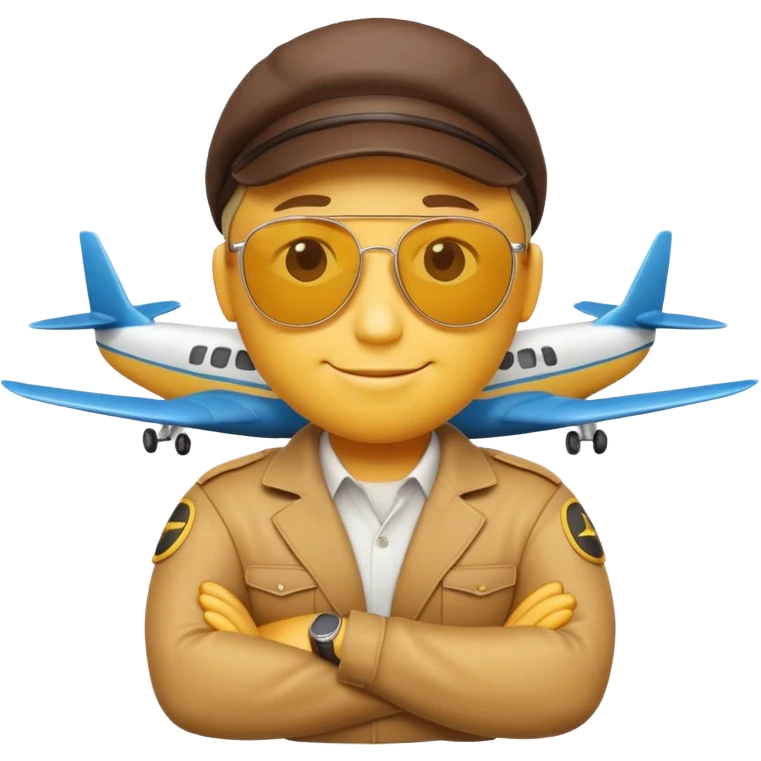 A 3D Apple-style yellow emoji character, classic round shape, wearing pilot-style sunglasses, arms crossed, small smile, a miniature airplane icon floating above its head, symbolizing “airplane mode,” clean cartoonish style, simple background. emoji