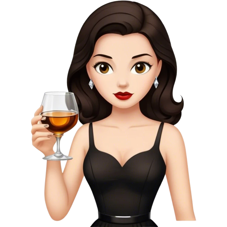 Beautiful woman in 1950’s woman fashion look, black dress, long dark brown hair, whisky with ice emoji