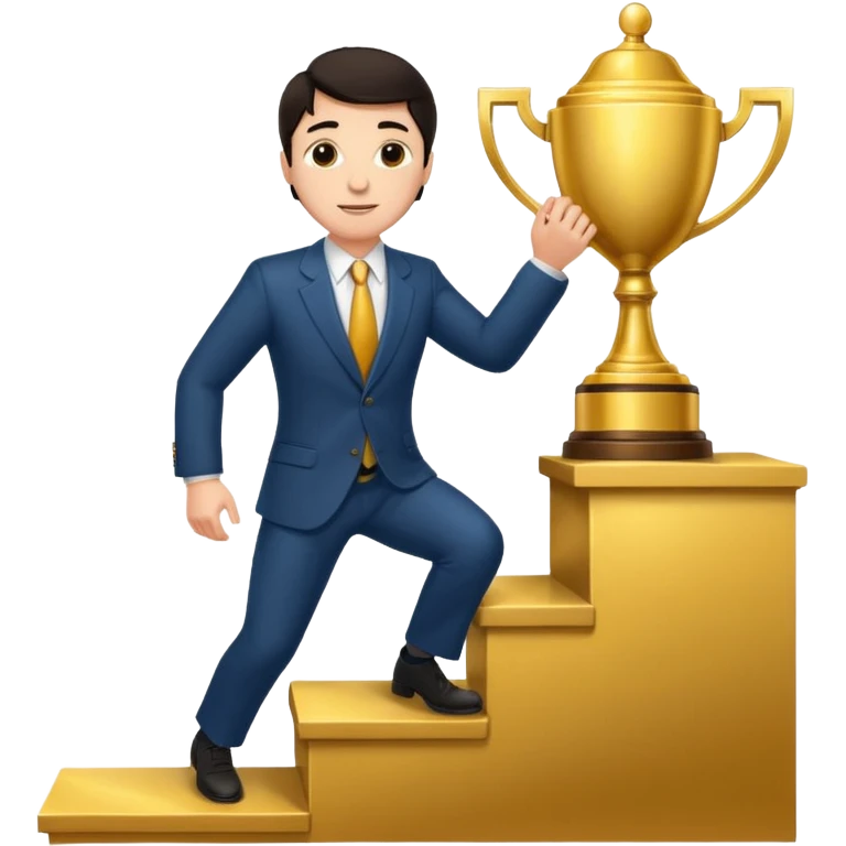 UN HOMBRE DE PIEL CLARA Y PELO OSCURO SUBIENDO ESCALERAS PARA ALCANZAR UN TROFEO emoji