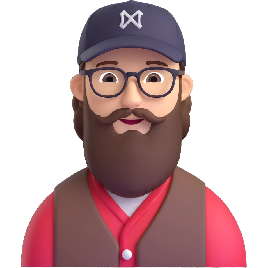 adventurer with beard, glasses and backwards baseball cap emoji