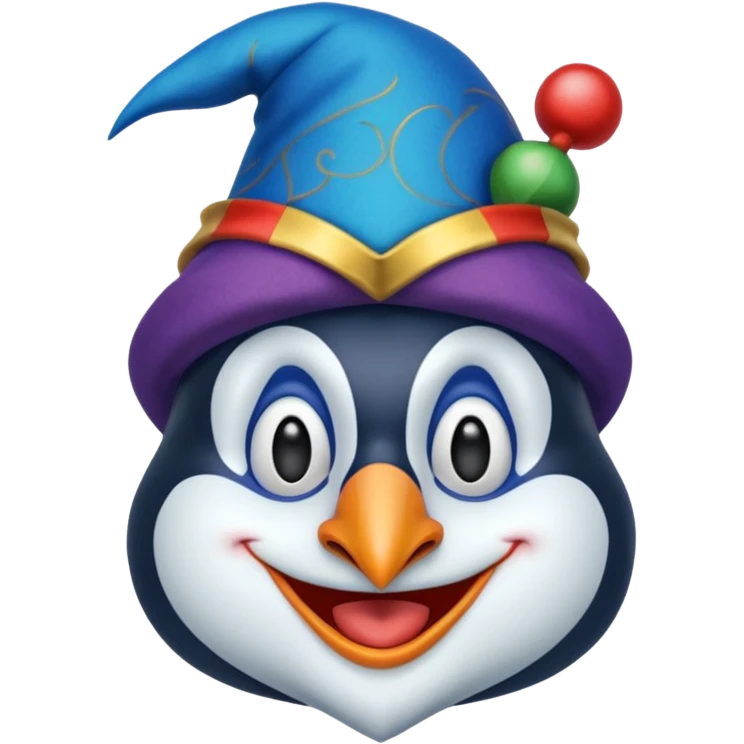 crazy funny colorful penguin jolly joker, medieval, vintage, court jester, mac os icon, blue color emoji