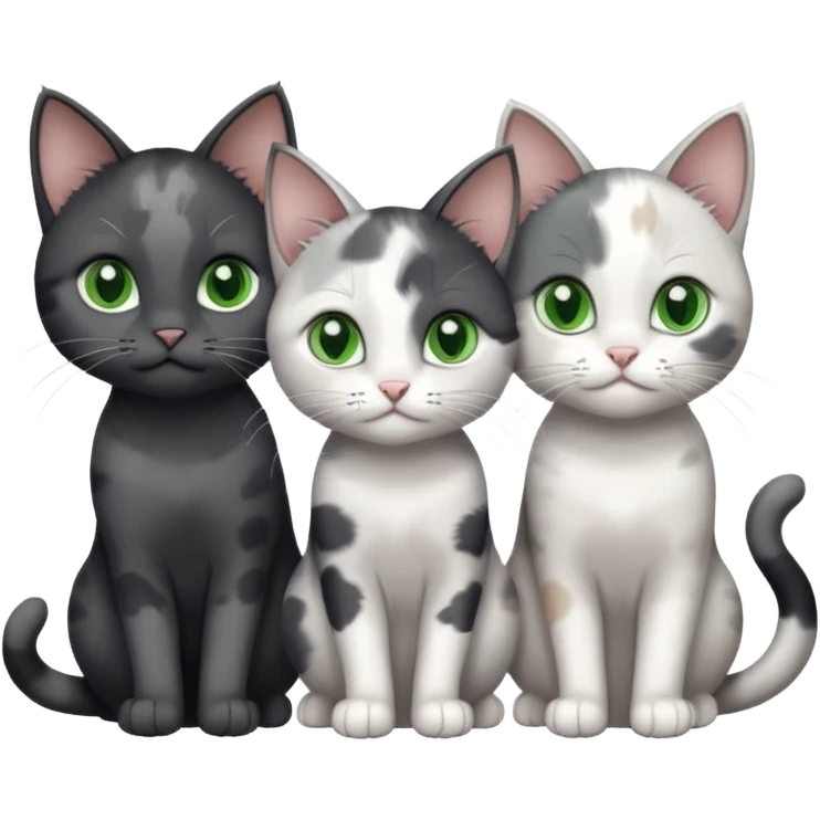 3 different coloured small cats including a dark grey and white, and a patchy calico and a completely solid dark grey with green eyes and only white paws emoji