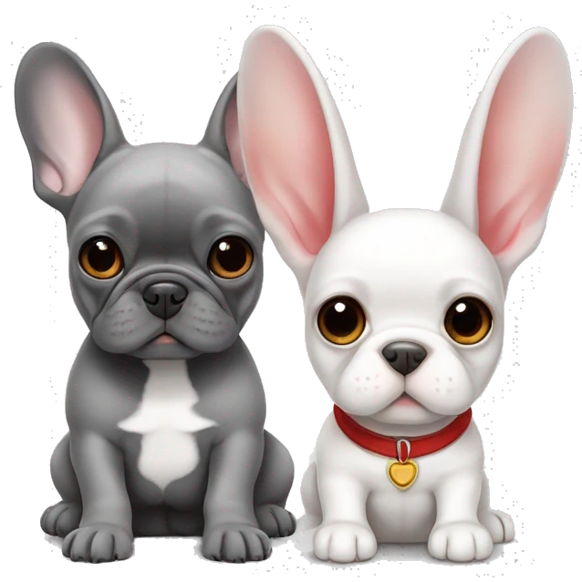 French bulldog puppy is gray with a white stripe between the eyes next to a white rabbit with red highlights in its eyes emoji