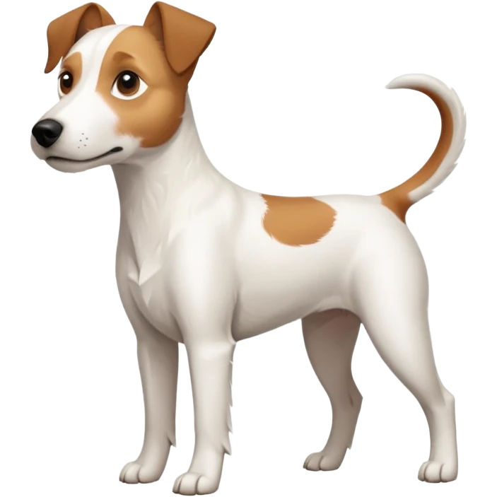a full body large white parson russell terrier looking dog the size of a kelpie with light brown long ears and a light brown patch on one eye and a large snout emoji