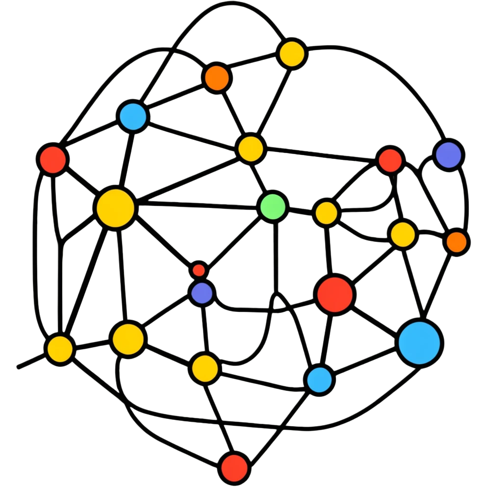 neural network diagram with connected nodes and edges, bright colors, simple design for telegram emoji