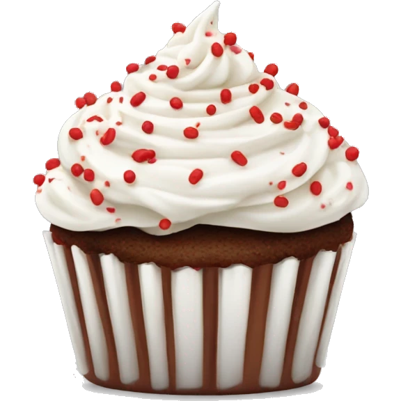 Chocolate cupcake with white frosting and red and white sprinkles emoji