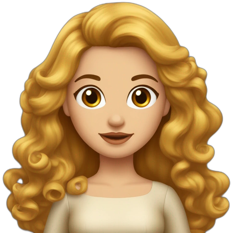 una princesa de tes blanca cabello largo color cobrizo con ondulaciones en las puntas del cabello ojos grandes color castaño con corona y vestido amarillo emoji
