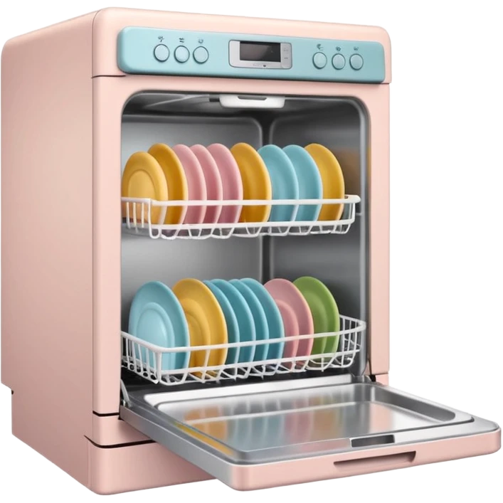claymation style dishwasher with open door and clean dishes inside, pastel colors, visible fingerprints, soft matte finish emoji