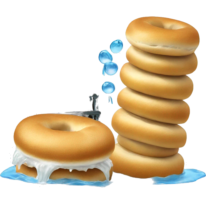 Leaning tower of Pisa with bagels on the ground and water coming out of the top emoji