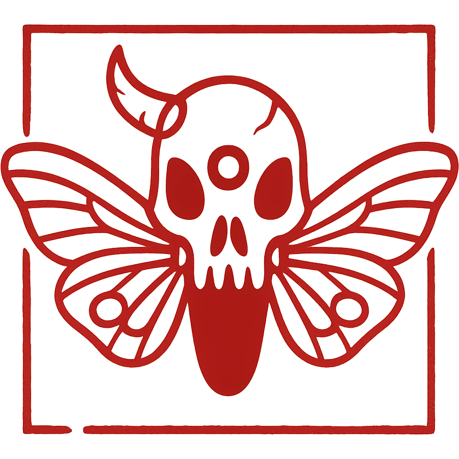 minimalist horror red line art of minotaur-stoat skull with broken horn and single eye, with moth wings, very hollow transparent middle, simple outline frame around the entire design, sparse details but clearly horrifying, weathered and incomplete frame edges, 100% red emoji