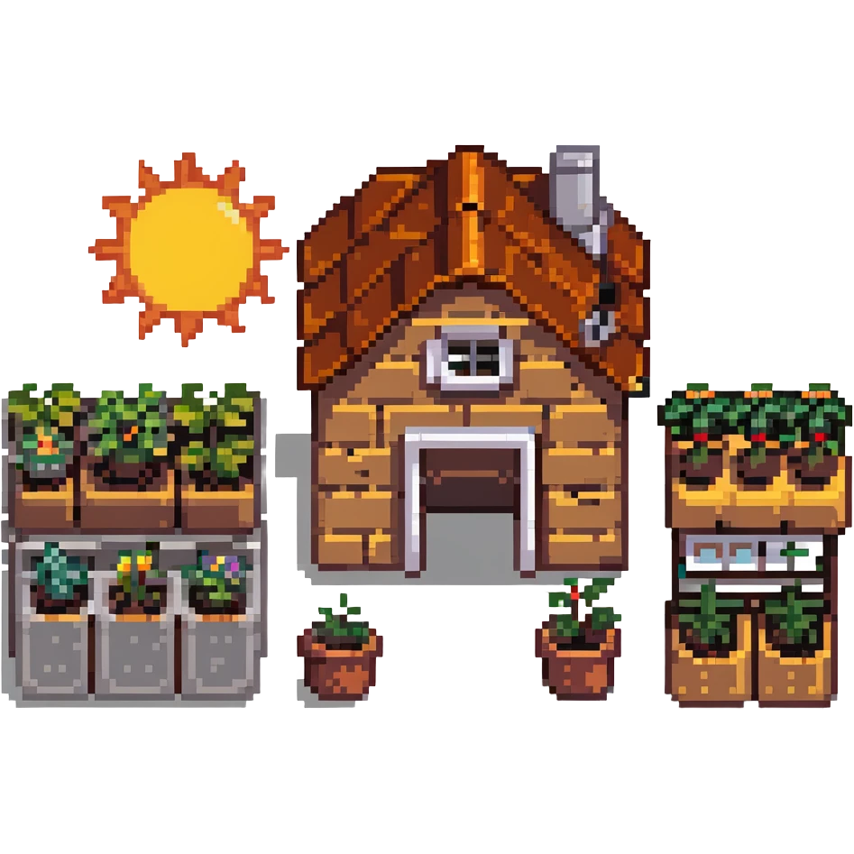 dream life as a pixel art scene with a small home, garden, and sun emoji