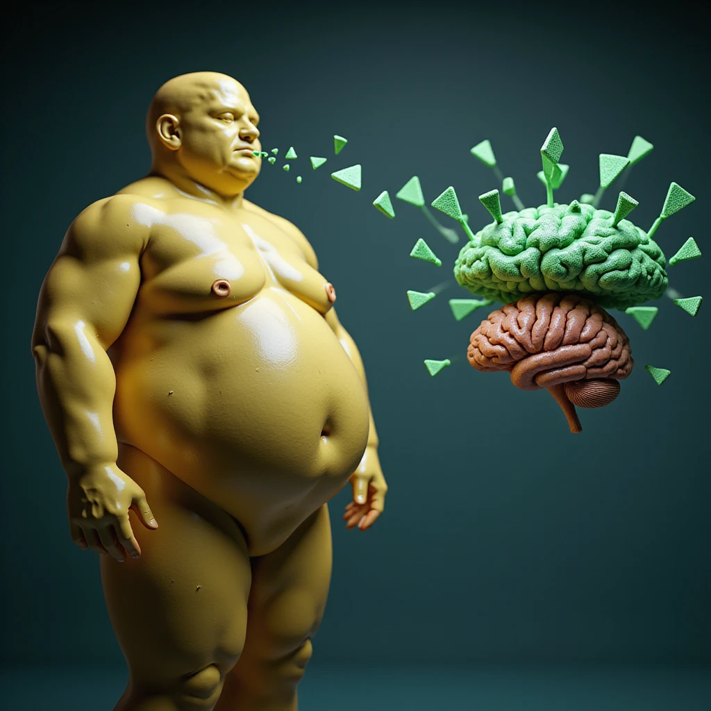 medical CGI showing obese man's fat cells as yellow blobs screaming green triangle leptin molecules toward a damaged hypothalamus; leptin receptors appear as broken doors; a thin person's brain nearby absorbing leptin efficiently; hyper-realistic, 4K, clinical style emoji