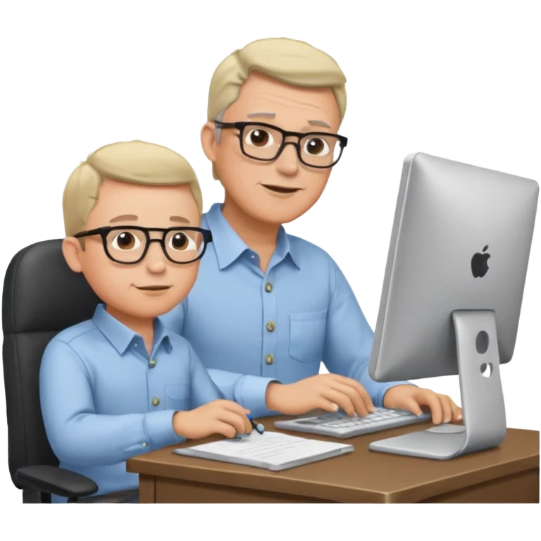 Middle aged man with glasses working at his desk, with his child sitting behind him on the head rest of his chair looking at his computer emoji
