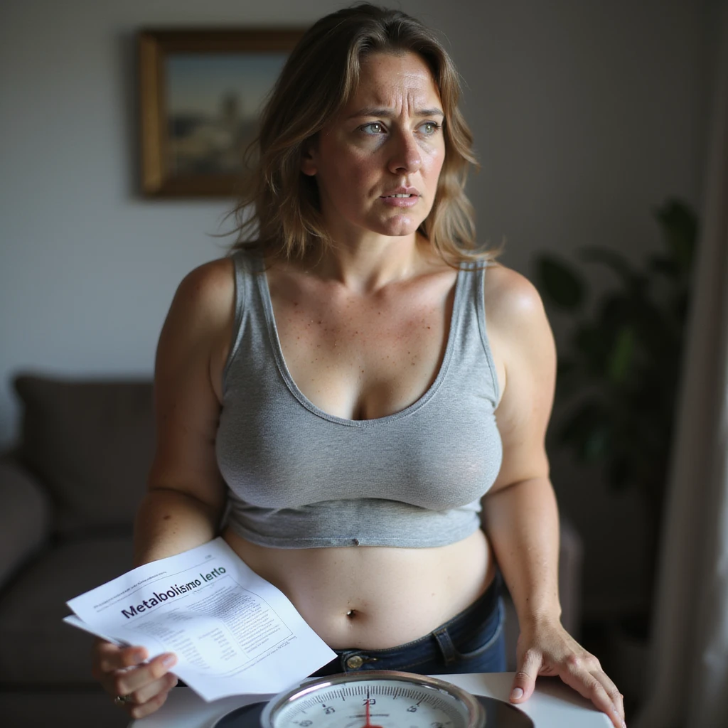 hyperrealistic 4K detailed image of a woman with PCOS, face with acne and chin hair, thinning hair, slightly overweight body, standing on a scale with discouraged expression, beside her a medical report with visible text 'Metabolismo lento', domestic environment emoji