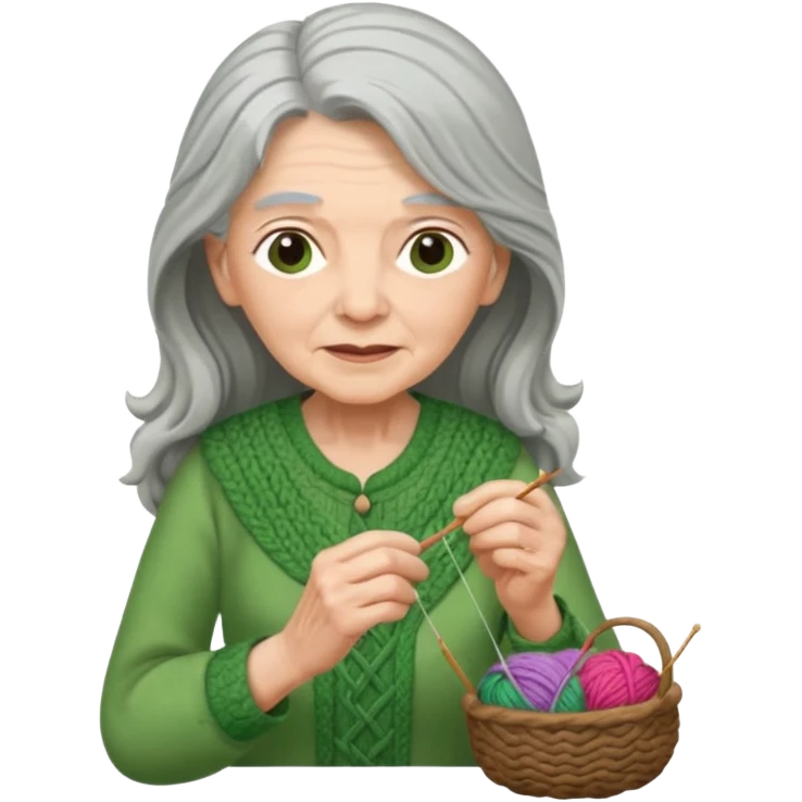elderly women  working knitting in long hair green dress emoji