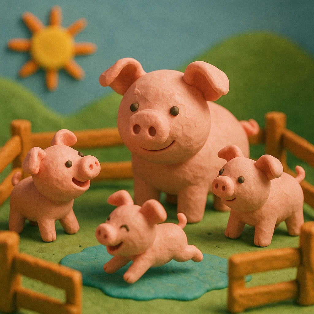 claymation style pig family in a wooden pen, piglets playing, colorful and cheerful emoji