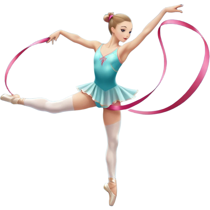 A graceful rhythmic gymnast performing with a flowing ribbon, executing an elegant leap mid-air. The pose exudes flexibility, balance, and artistry. The background suggests a competition arena with soft lighting, emphasizing movement, precision, and the beauty of the sport. emoji