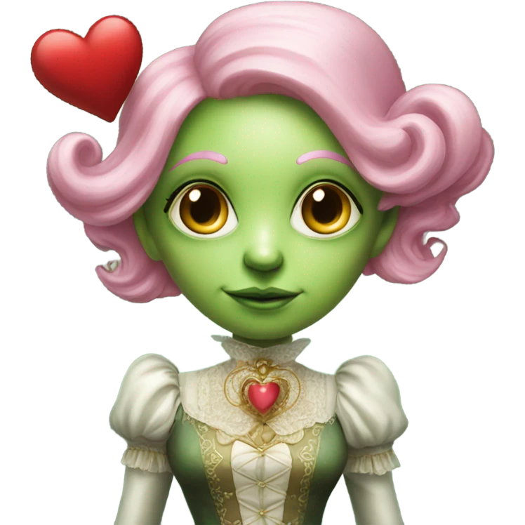 a green alien woman in Victorian white gold, pink hair,holdig, red big hearth, full body emoji